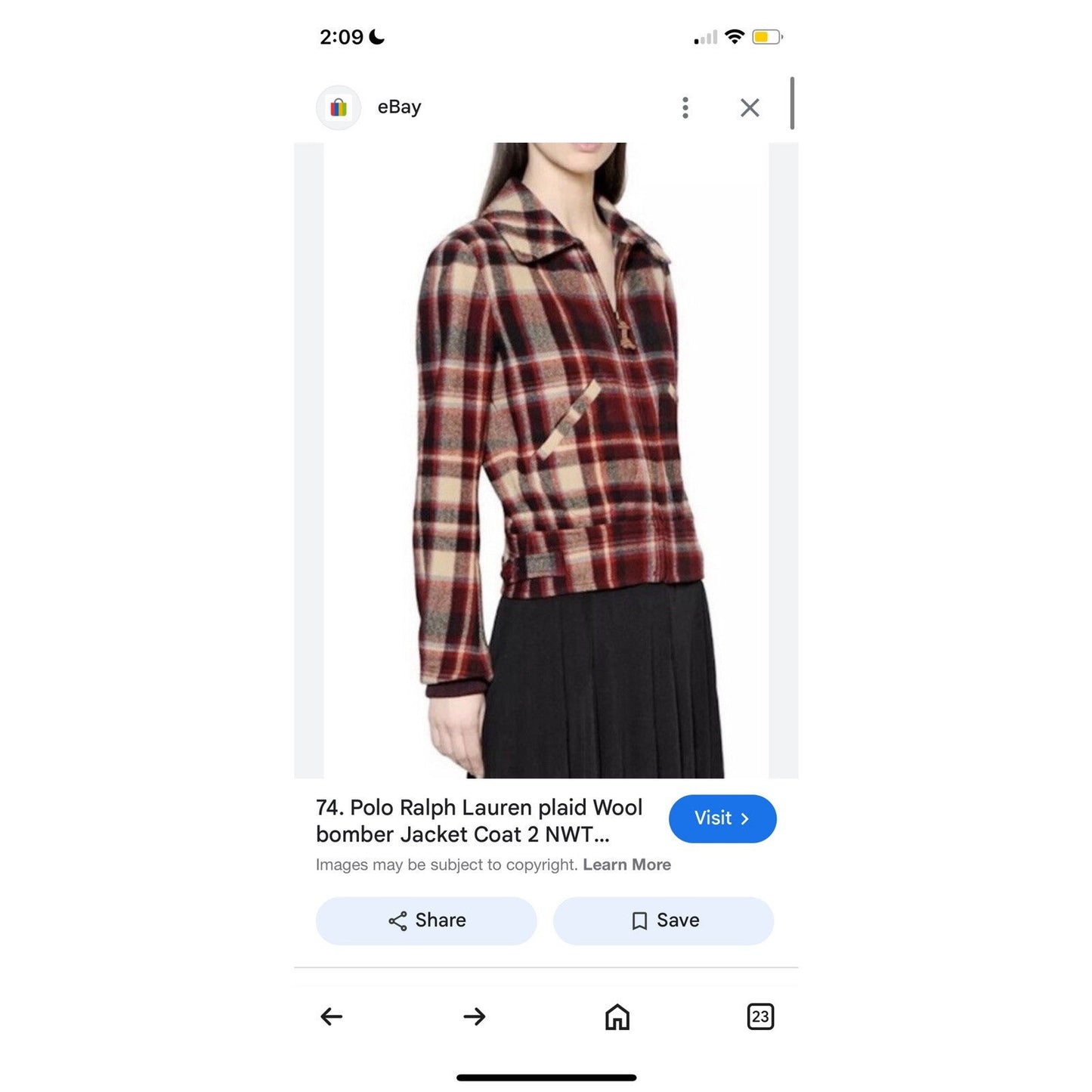 Polo Ralph Lauren Women’s Wool Jacket Bomber Plaid Coat 10 $498 Red Black Zip Up