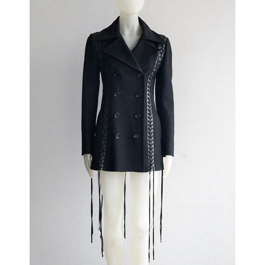 Dolce & Gabbana Wool Leather Lace Up Coat Double Breasted 42 Leather Fringe $9K