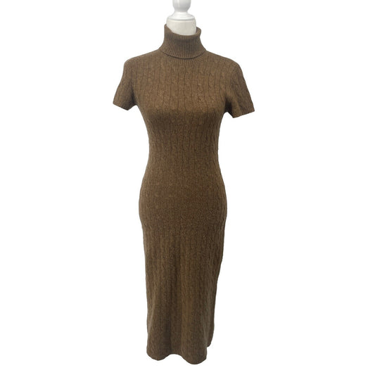 Ralph Lauren Black Label Cashmere Sweater Dress CableKnit Midi Turtleneck Brown