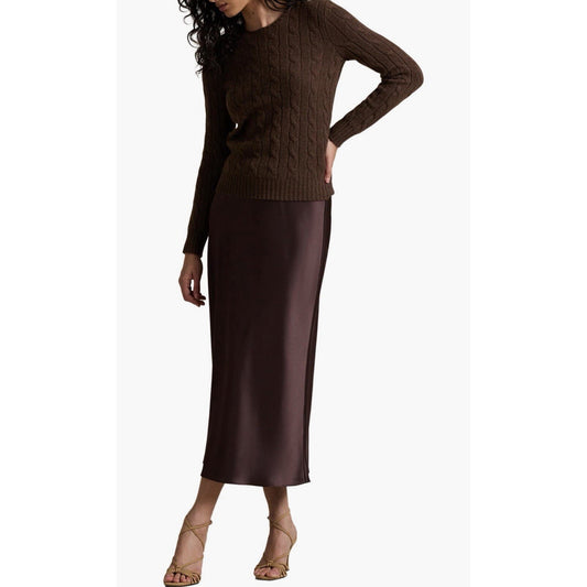 Polo Ralph Lauren Satin Midi Skirt Nutmeg Brown $298 Flowy Elastic Waist 0 XS