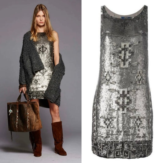 Ralph Lauren Beaded Shift Dress Metallic Mini Western Sequin Party Cocktail 6 S