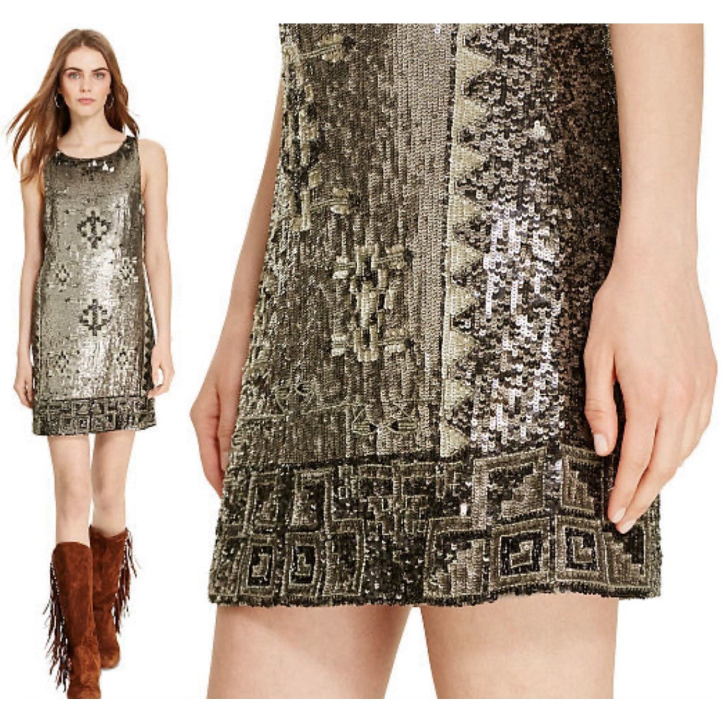 Ralph Lauren Beaded Shift Dress Metallic Mini Western Sequin Party Cocktail 6 S