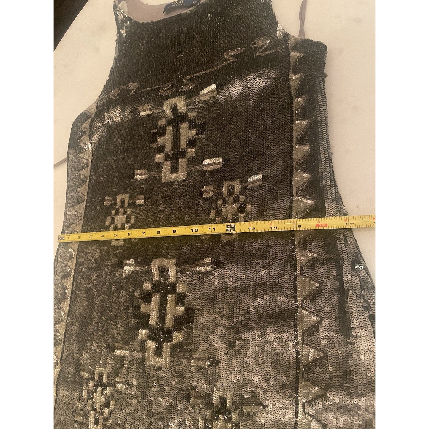 Ralph Lauren Beaded Shift Dress Metallic Mini Western Sequin Party Cocktail 6 S