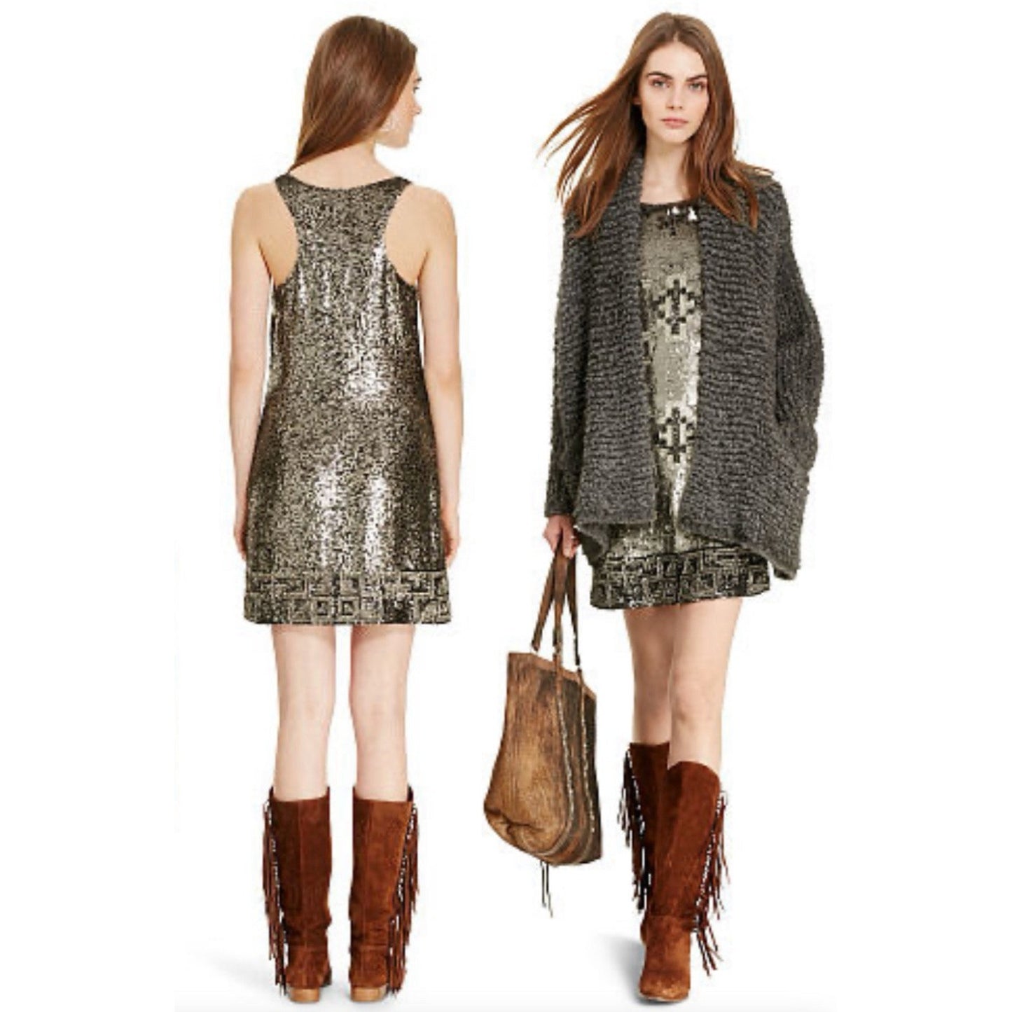 Ralph Lauren Beaded Shift Dress Metallic Mini Western Sequin Party Cocktail 6 S