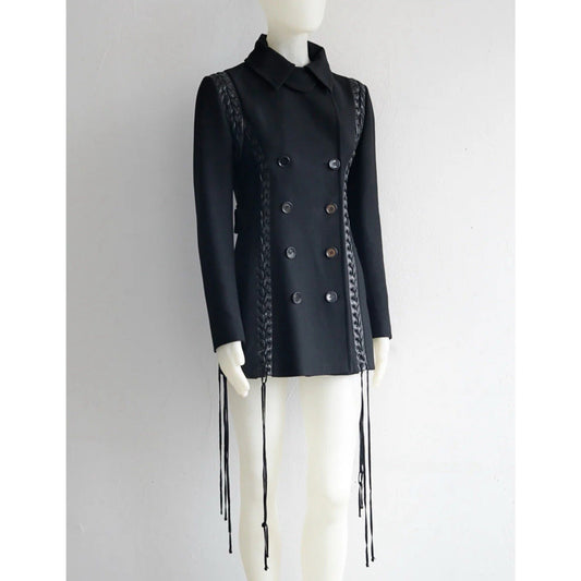 Dolce & Gabbana Wool Leather Lace Up Coat Double Breasted 42 Leather Fringe $9K