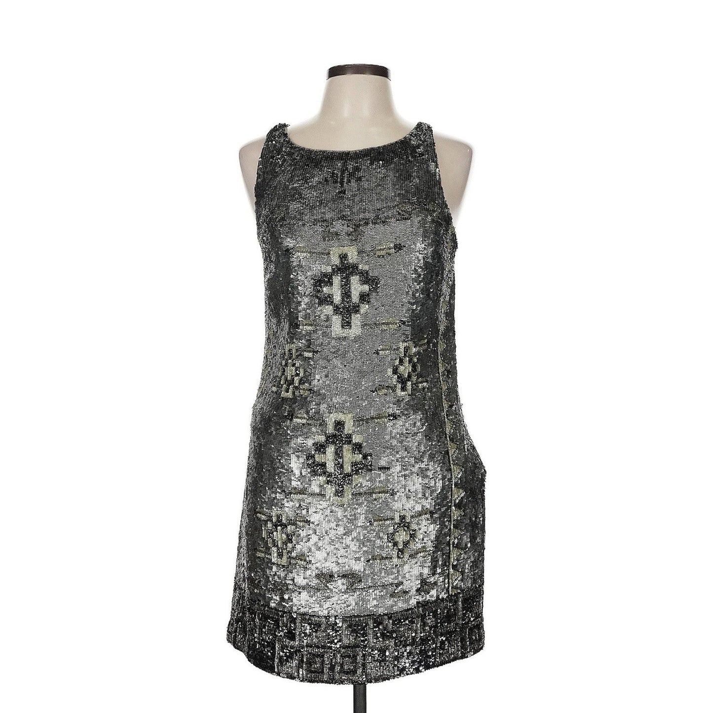 Ralph Lauren Beaded Shift Dress Metallic Mini Western Sequin Party Cocktail 6 S