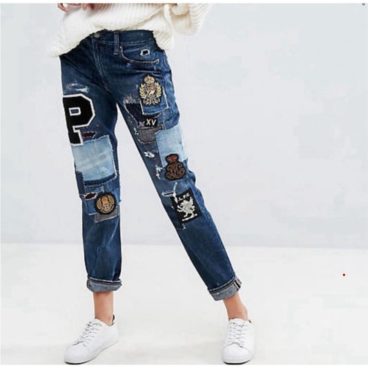 Ralph Lauren Astor Slim Boyfriend Jeans 26 Denim Distressed Patchwork Dungarees