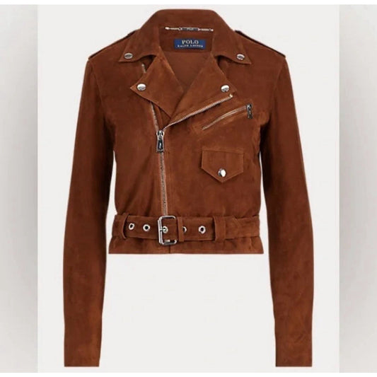 Polo Ralph Lauren Suede Jacket Modo Goat Leather Biker Belted Brown 6 S $998
