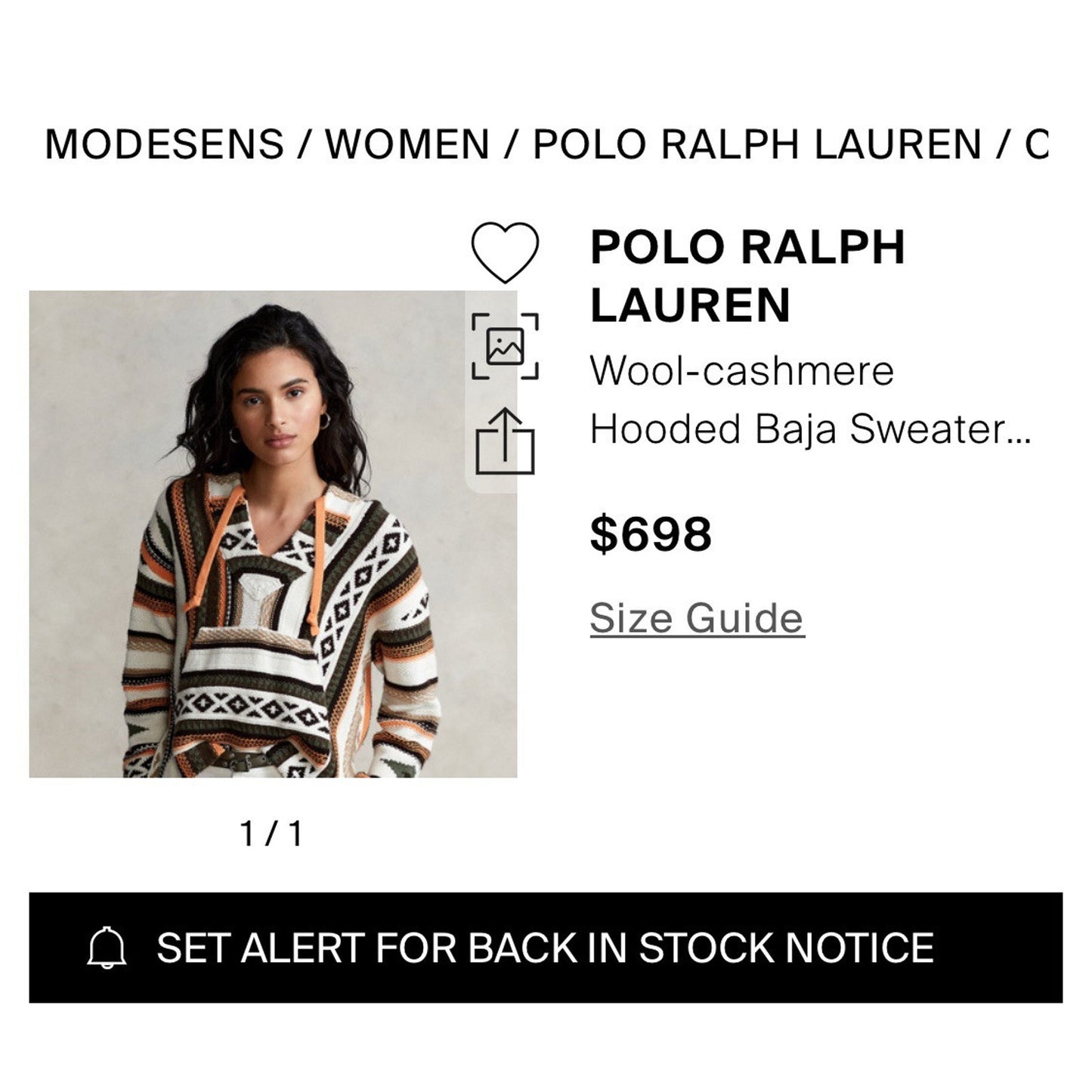 Polo Ralph Lauren Sweater Jumper Hooded Aztec Indian Wool Cashmere Baja M $698