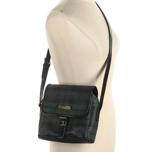 Polo Ralph Lauren Vintage Green Plaid Leather Messenger Bag Black Crossbody