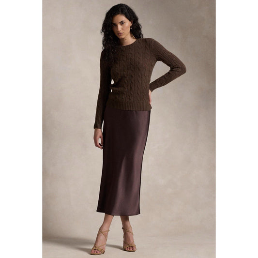 Polo Ralph Lauren Satin Midi Skirt Nutmeg Brown $298 Flowy Elastic Waist 0 XS