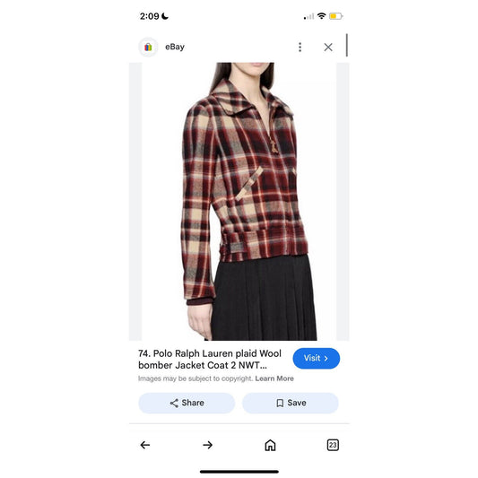 Polo Ralph Lauren Women’s Wool Jacket Bomber Plaid Coat 10 $498 Red Black Zip Up
