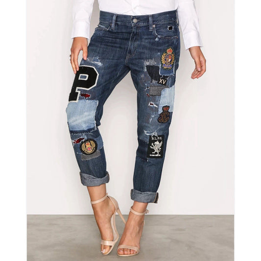 Ralph Lauren Astor Slim Boyfriend Jeans 26 Denim Distressed Patchwork Dungarees
